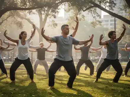 Eine Gruppe von Menschen praktiziert Qi Gong in einem sonnigen Park, mit Fokus auf fließende Bewegungen und Gemeinschaft. - Foto: über boerse-global.de