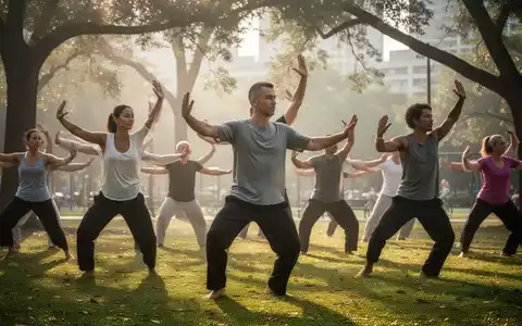 Eine Gruppe von Menschen praktiziert Qi Gong in einem sonnigen Park, mit Fokus auf fließende Bewegungen und Gemeinschaft. - Foto: über boerse-global.de