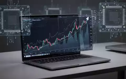 Moderner Laptop auf einem Schreibtisch, Bildschirm mit steigenden Finanzcharts, dezente Mikrochip-Symbole im unscharfen Hintergrund. - Foto: über boerse-global.de