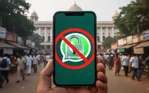 Ein Smartphone mit WhatsApp-Logo und rotem Stopp-Symbol vor unscharfem indischem Hintergrund. - Foto: über boerse-global.de