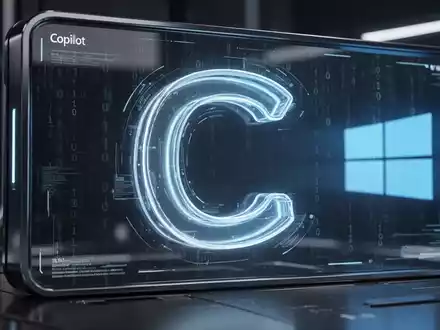 Leuchtendes, stilisiertes 'C' für Copilot auf futuristischem Interface, mit Binärcode und Windows-Logo im Hintergrund. - Foto: über boerse-global.de