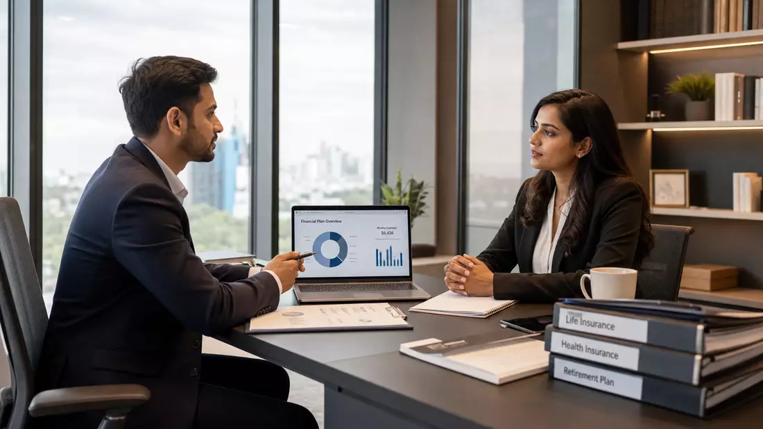 Zwei Finanzberater sitzen sich an einem eleganten Schreibtisch gegenüber, ein Laptop zeigt Finanzcharts, Versicherungsordner liegen bereit, große Panoramafenster mit Stadtblick im Hintergrund