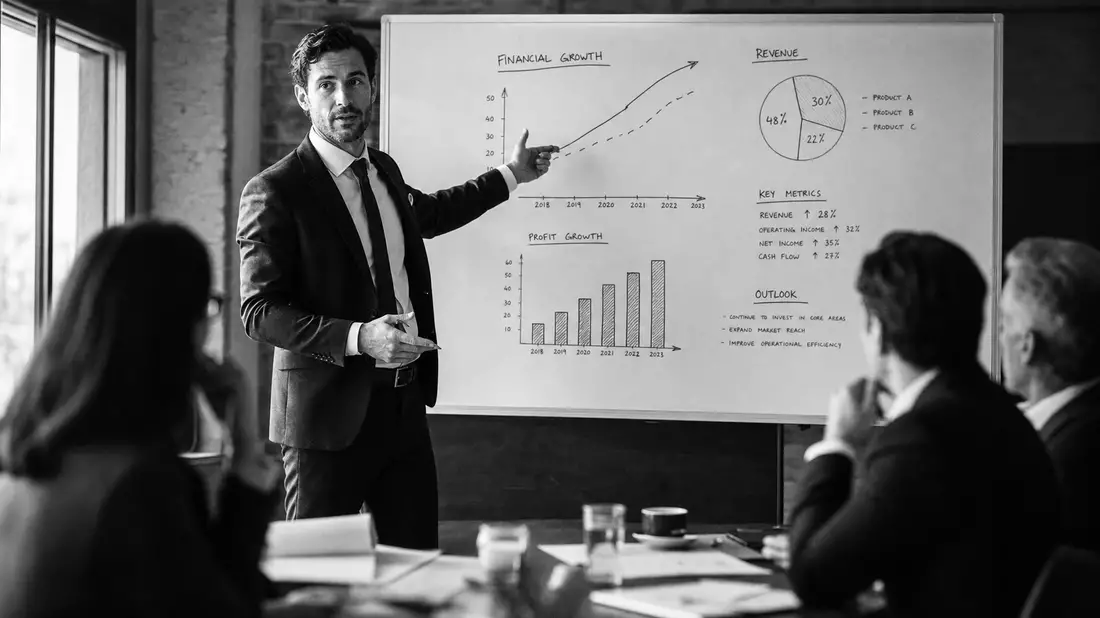 Schwarzweiß-Reportagefoto eines Finanzberaters im dunklen Anzug, der auf ein Whiteboard mit Wachstumskurven und Balkendiagrammen zeigt, Kollegen im Vordergrund leicht unscharf, hoher Kontrast