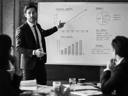 Berater im Anzug zeigt Wachstumskurven auf Whiteboard im Meeting. MLP SE, ISIN DE0006569908 - Foto: THN