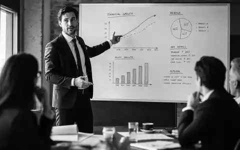 Berater im Anzug zeigt Wachstumskurven auf Whiteboard im Meeting. MLP SE, ISIN DE0006569908 - Foto: THN
