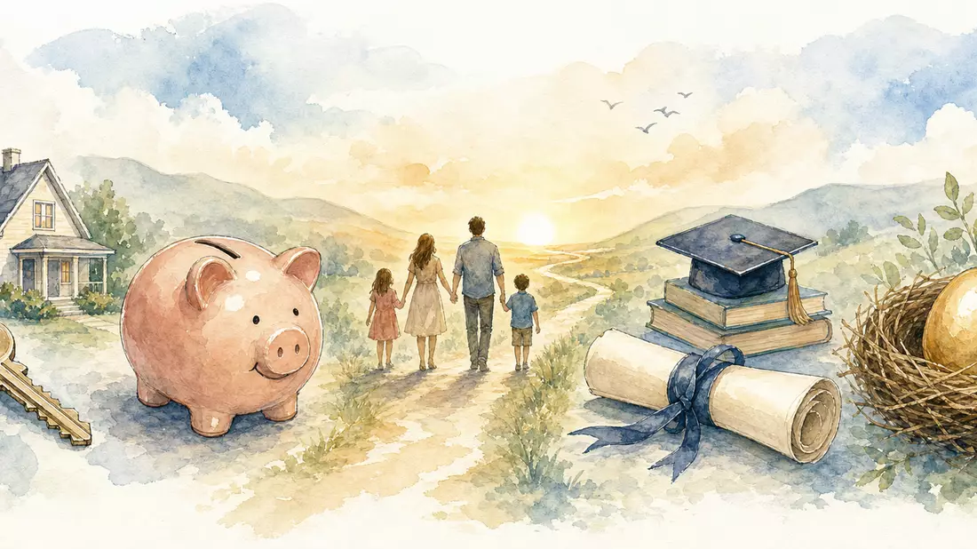 Sanfte Aquarell-Illustration mit Hausschlüssel, rosafarbenem Sparschwein, Familie im Gegenlicht, Uniabschluss-Diplom und goldenem Nest-Ei auf einem pastellfarbenen Hintergrund mit Bäumen und Hügeln