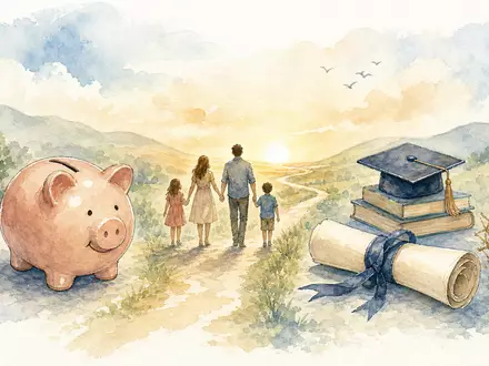 Aquarell-Illustration zeigt Lebensplanung mit Schlüssel, Sparschwein und Familie. MLP SE, ISIN DE0006569908 - Foto: THN