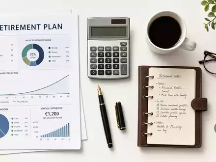 Flatlay mit Vorsorgeplänen, Taschenrechner, Notizbuch, Stift und Kaffee auf weißem Tisch. MLP SE, ISIN DE0006569908 - Foto: THN