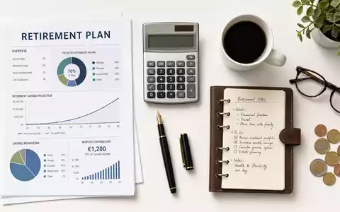 Flatlay mit Vorsorgeplänen, Taschenrechner, Notizbuch, Stift und Kaffee auf weißem Tisch. MLP SE, ISIN DE0006569908 - Foto: THN