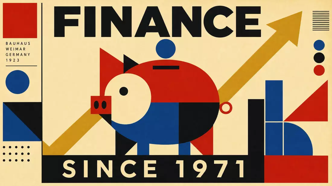 Vintage Bauhaus-Grafikposter mit einem aus geometrischen Grundformen (Kreisen, Dreiecken, Rechtecken) aufgebauten Sparschwein in Primärfarben Rot, Blau, Schwarz, einem goldenen Aufwärtspfeil sowie den Texten FINANCE und SINCE 1971 in fetten serifenlosen S