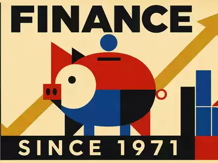 Bauhaus-Poster mit geometrischem Sparschwein und Aufwärtspfeil, Schriftzug FINANCE SINCE 1971. MLP SE, ISIN DE0006569908 - Foto: THN