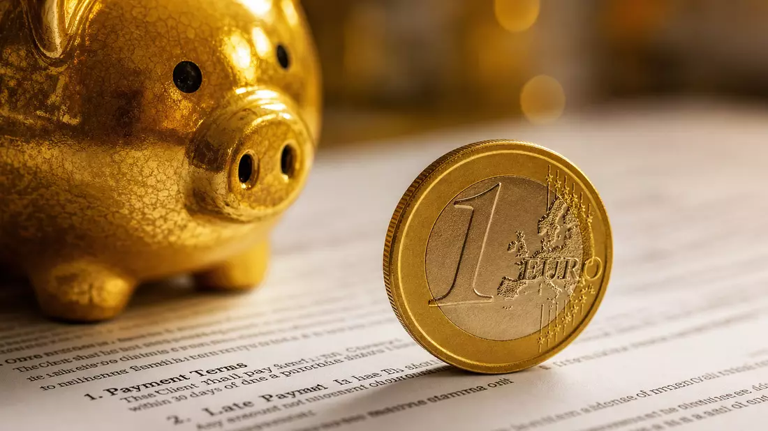 Extreme Makro-Nahaufnahme einer goldenen Keramik-Sparbüchse links und einer scharf fokussierten 1-Euro-Goldmünze im Vordergrund auf einem weißen Finanzvertragsdokument, warmes Seitenlicht, flaches Schärfentiefe-Bokeh