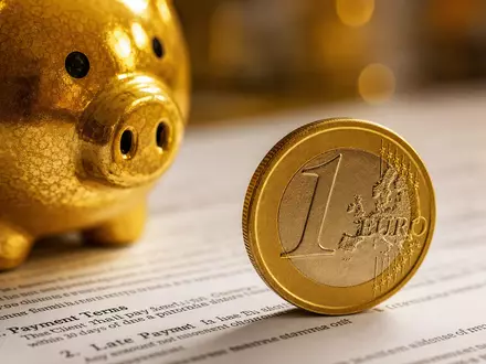 Makro-Nahaufnahme einer goldenen Sparbüchse und Euro-Münze auf weißem Finanzvertrag. MLP SE, ISIN DE0006569908 - Foto: THN
