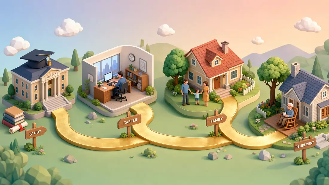 Isometrische 3D-Render-Illustration mit Miniatur-Lebensweg von links nach rechts: Universitätsgebäude mit Abschlusskappe, Büro-Szene mit Schreibtisch, Einfamilienhaus mit kleiner Familie und gemütlichem Rentnerhäuschen mit Schaukelstuhl, verbunden durch g