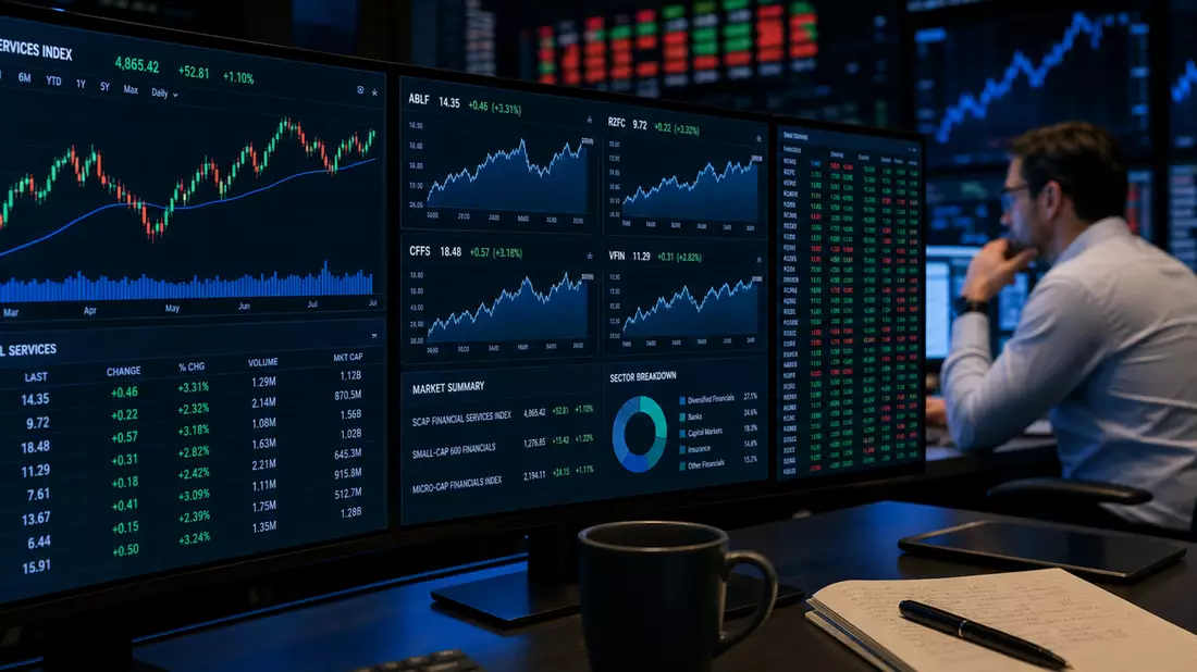 Redaktionelle Finanzfotografie eines professionellen Trading-Arbeitsplatzes mit mehreren dunklen Monitoren, die Candlestick-Charts, Small-Cap-Finanzdienstleister-Kursdaten und Portfoliodashboards in Blau-Grün zeigen, Analyst im Hintergrund leicht unscharf