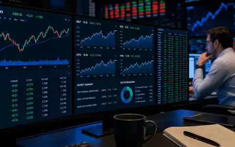 Trader vor mehreren Monitoren mit Kursdiagrammen und Finanzdienstleister-Indizes im Blaubild. MLP SE, ISIN DE0006569908 - Foto: THN