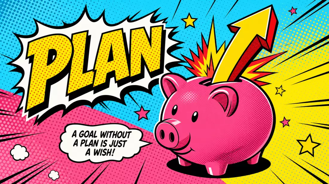 Leuchtend buntes Pop-Art-Comic-Bild im Lichtenstein-Stil mit großem pinkfarbenem Sparschwein mit dicken schwarzen Konturen, dramatischem gelbem Aufwärtspfeil, explodierendem PLAN-Schriftzug in gelb-roten Comiclettern und Halftone-Rasterpunkten in Cyan, Ma