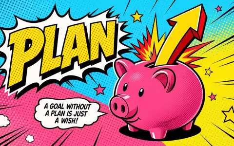 Pop-Art-Comic mit pinkfarbenem Sparschwein, Aufwärtspfeil und PLAN-Schriftzug im Halftone-Stil. MLP SE, ISIN DE0006569908 - Foto: THN