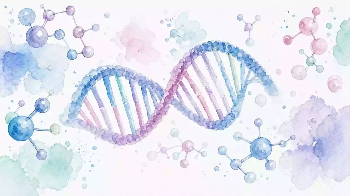 Zarte Aquarellillustration einer DNA-Doppelhelix mit umgebenden Molekülstrukturen in pastellfarbenen Tönen auf weißem Hintergrund