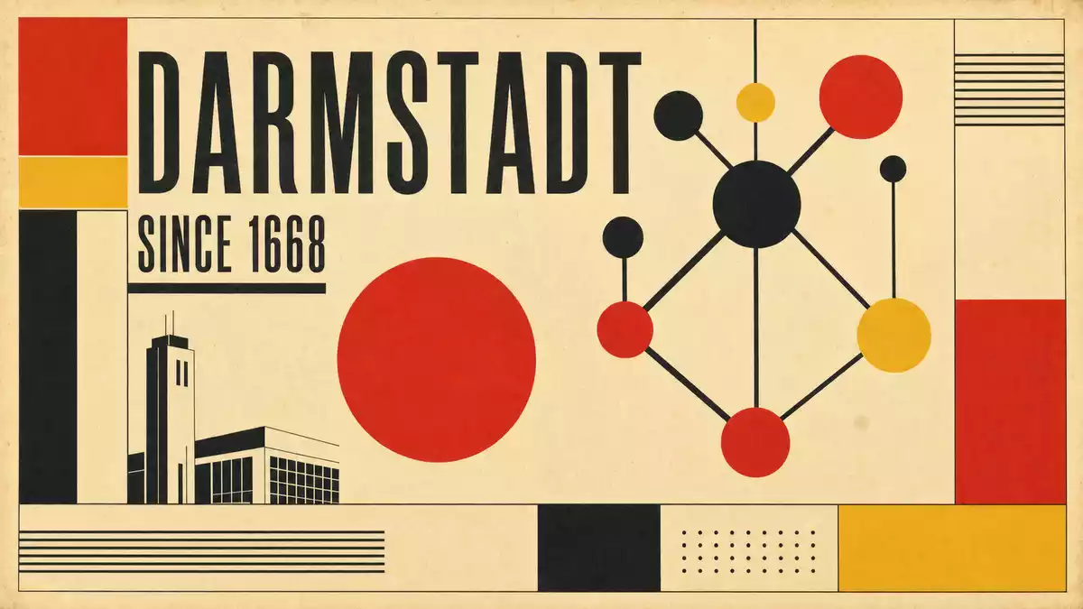 Vintage-Bauhaus-Grafik mit geometrischem Molekülmuster in Primärfarben, kräftiger Konstruktivismus-Typografie DARMSTADT und SINCE 1668 auf gealtertem Cremepapier