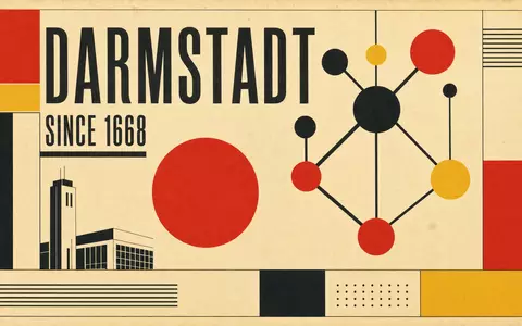 Geometrisches Bauhaus-Poster mit Molekülmotiv, Schriftzug DARMSTADT und SINCE 1668. Merck KGaA, ISIN DE0006599905 - Foto: THN