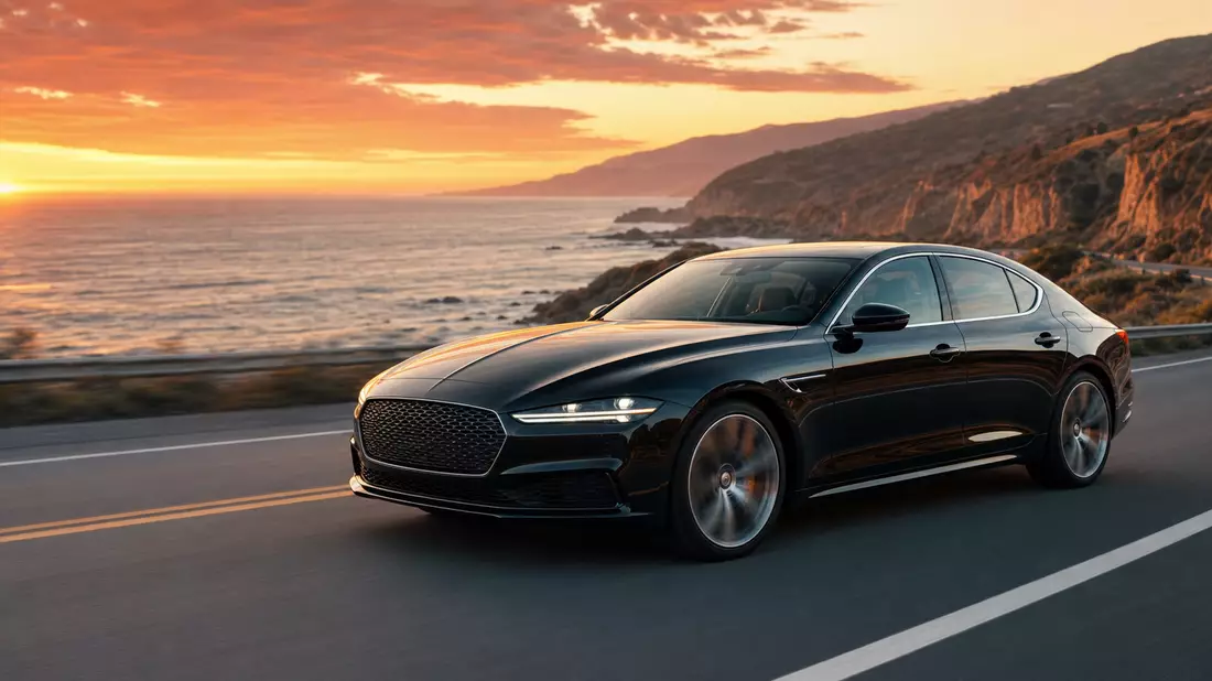 Schwarze markenfreie Luxuslimousine fährt bei Sonnenuntergang auf Küstenstraße mit Meeresblick