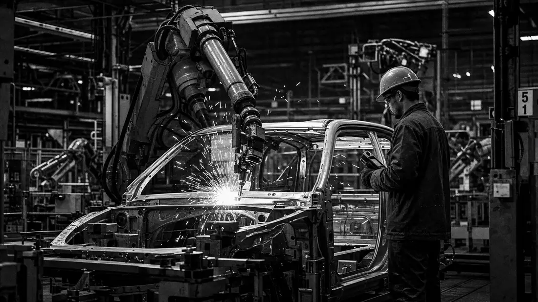 S/W Reportagefoto: Fabrikarbeiter mit Schutzhelm überwacht industriellen Schweißroboter an Autokaros