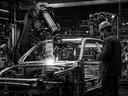 Schwarzweiß-Reportage: Werksarbeiter überwacht industriellen Karosserie-Schweißroboter in Automobil-Fabrik. Mercedes-Benz Group AG, ISIN DE0007100000 - Foto: THN