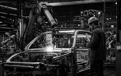 Schwarzweiß-Reportage: Werksarbeiter überwacht industriellen Karosserie-Schweißroboter in Automobil-Fabrik. Mercedes-Benz Group AG, ISIN DE0007100000 - Foto: THN