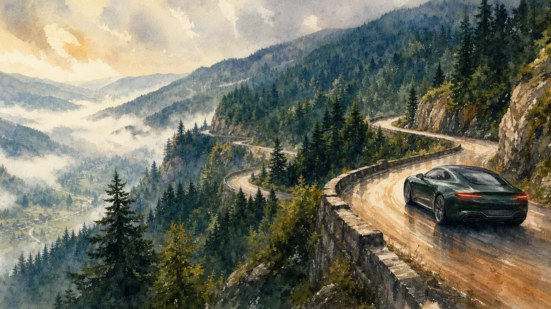 Aquarellbild eines grünen Luxus-Coupés auf kurvenreicher Bergstraße durch dichten Schwarzwald
