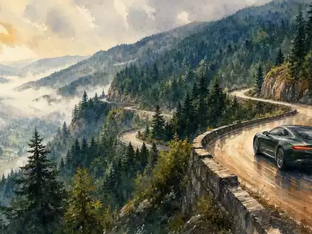 Aquarell-Illustration: Stilisiertes Coupé auf Schwarzwald-Serpentine mit Nebeltal. Mercedes-Benz Group AG, ISIN DE0007100000 - Foto: THN