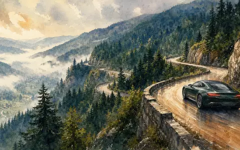 Aquarell-Illustration: Stilisiertes Coupé auf Schwarzwald-Serpentine mit Nebeltal. Mercedes-Benz Group AG, ISIN DE0007100000 - Foto: THN