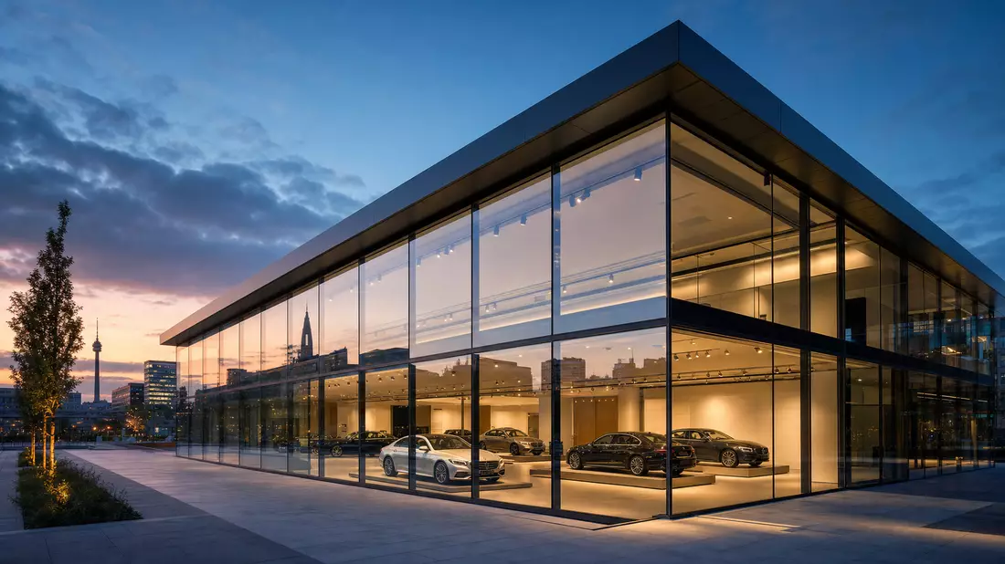 Architekturfoto eines Stuttgarter Luxus-Showrooms mit Glasfassade und beleuchteten Fahrzeugen im Innern