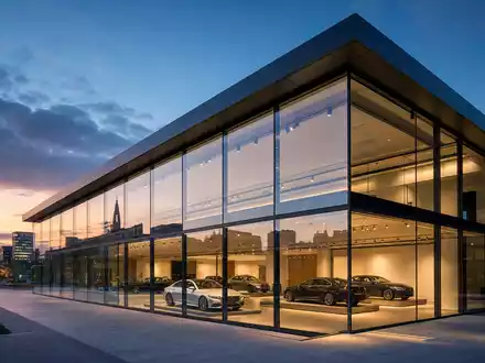 Modernes Premium-Autohaus in Stuttgart mit Glasfassade bei Blaue-Stunde-Licht. Mercedes-Benz Group AG, ISIN DE0007100000 - Foto: THN
