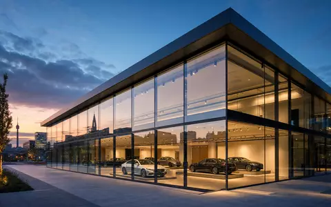 Modernes Premium-Autohaus in Stuttgart mit Glasfassade bei Blaue-Stunde-Licht. Mercedes-Benz Group AG, ISIN DE0007100000 - Foto: THN