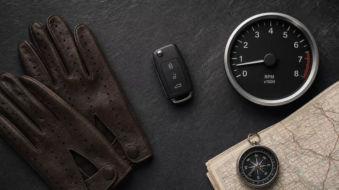 Draufsicht auf braune Lederhandschuhe, generischen Autoschlüssel, Tachometer-Detail und Kompass auf 