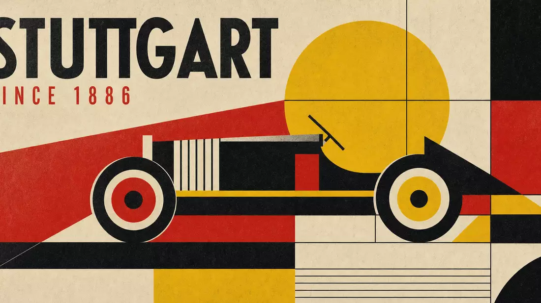 Retro-Bauhaus-Plakat mit geometrisch stilisiertem Oldtimer, Aufschrift STUTTGART und SINCE 1886