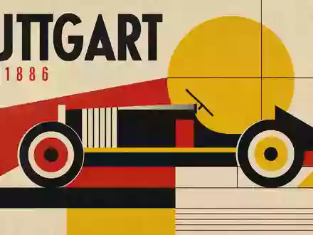 Bauhaus-Poster mit geometrischem Automobil-Motiv, Schriftzug STUTTGART und SINCE 1886. Mercedes-Benz Group AG, ISIN DE0007100000 - Foto: THN