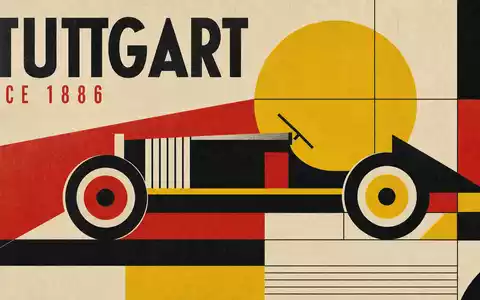 Bauhaus-Poster mit geometrischem Automobil-Motiv, Schriftzug STUTTGART und SINCE 1886. Mercedes-Benz Group AG, ISIN DE0007100000 - Foto: THN