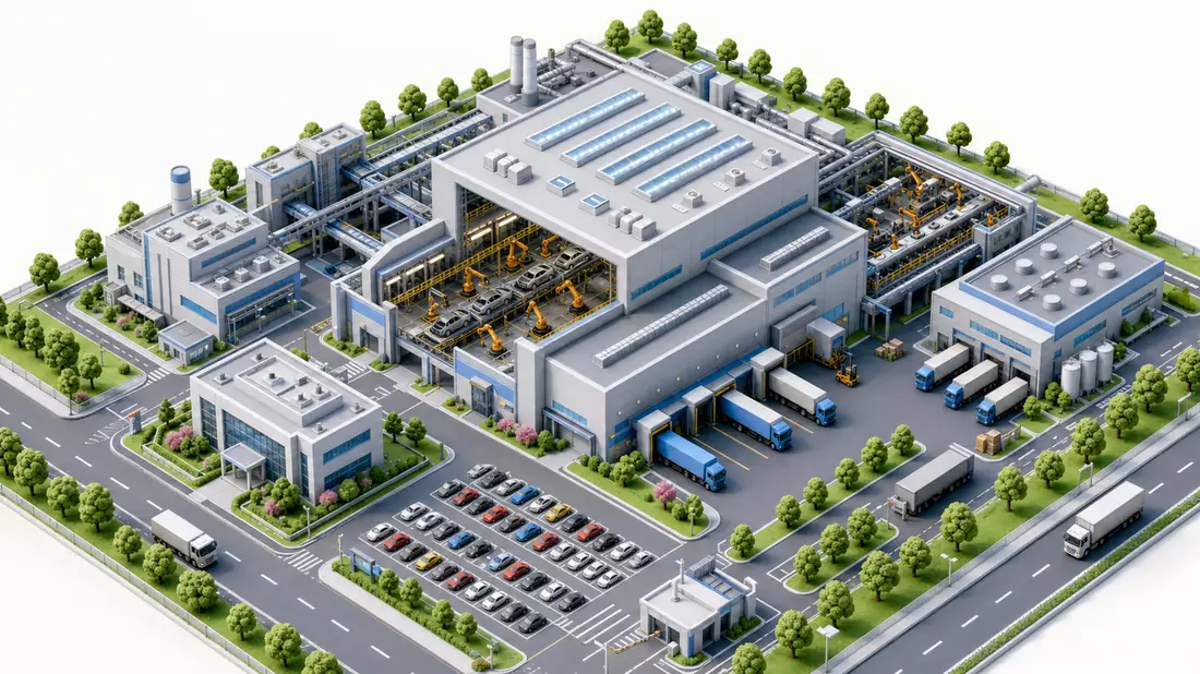 Isometrisches 3D-Modell eines Automobilwerks mit Montagehalle, Parkplätzen, Lkw und Grünanlagen