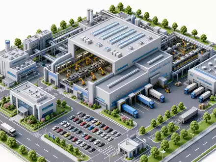 Isometrischer 3D-Render eines Miniatur-Automobilwerks mit Endmontagehalle und Logistik. Mercedes-Benz Group AG, ISIN DE0007100000 - Foto: THN