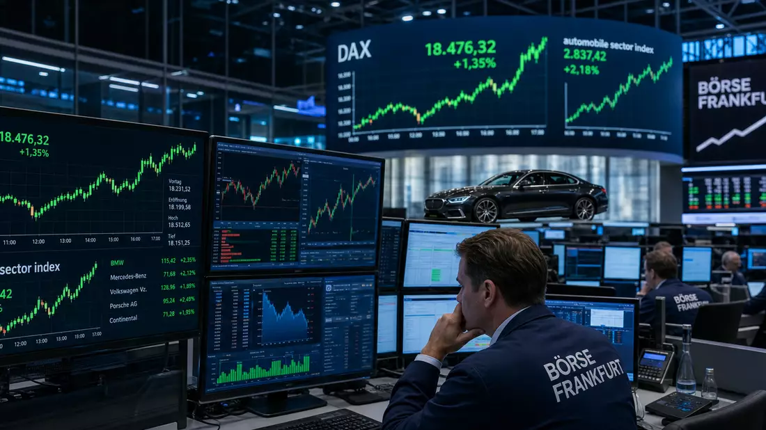 Frankfurter Börsen-Tradingfloor mit DAX-Kurskurven auf Monitoren und Automobil-Sektor-Index-Charts
