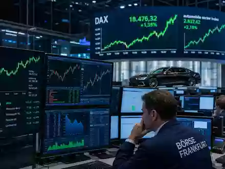Börsen-Trading-Floor mit DAX- und Automobil-Sektor-Charts sowie Luxuslimousine im Hintergrund. Mercedes-Benz Group AG, ISIN DE0007100000 - Foto: THN