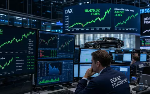 Börsen-Trading-Floor mit DAX- und Automobil-Sektor-Charts sowie Luxuslimousine im Hintergrund. Mercedes-Benz Group AG, ISIN DE0007100000 - Foto: THN