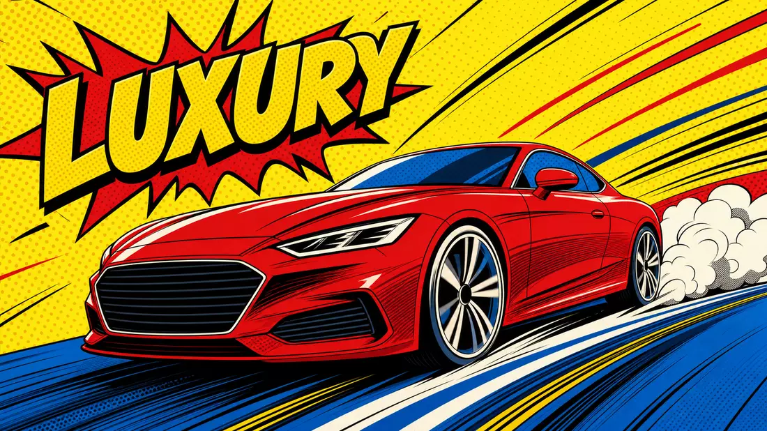 Lichtenstein-inspiriertes Pop-Art-Bild: rotes Coupé mit Speedlines, Halbtoner Punkte und LUXURY-Schriftzug