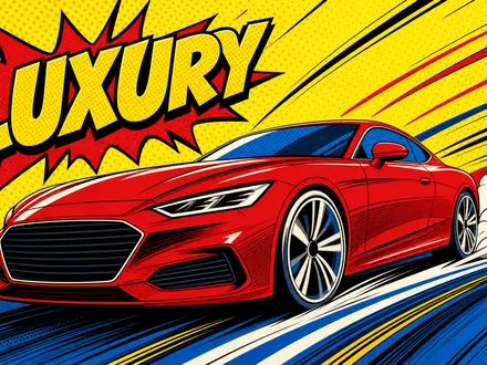 Pop-Art-Comic: Rotes Luxus-Coupé mit Speedlines und Aufschrift LUXURY auf Halbton-Hintergrund. Mercedes-Benz Group AG, ISIN DE0007100000 - Foto: THN