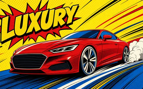 Pop-Art-Comic: Rotes Luxus-Coupé mit Speedlines und Aufschrift LUXURY auf Halbton-Hintergrund. Mercedes-Benz Group AG, ISIN DE0007100000 - Foto: THN