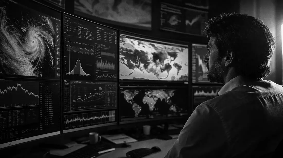 Schwarz-Weiß-Reportagefoto eines Risikoanalysten vor mehreren Bildschirmen mit Klimamodellen, Schadenswahrscheinlichkeiten und globalen Risikokarten. Stimmungsvolles Seitenlicht. Munich Re, ISIN DE0008430026