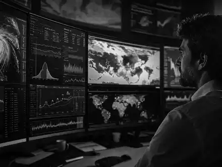 Risikoanalyst analysiert globale Klimadaten am Großbildschirm, dramatisches Schwarz-Weiß-Reportagefoto. Munich Re, ISIN DE0008430026 - Foto: THN