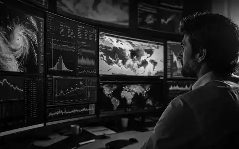 Risikoanalyst analysiert globale Klimadaten am Großbildschirm, dramatisches Schwarz-Weiß-Reportagefoto. Munich Re, ISIN DE0008430026 - Foto: THN